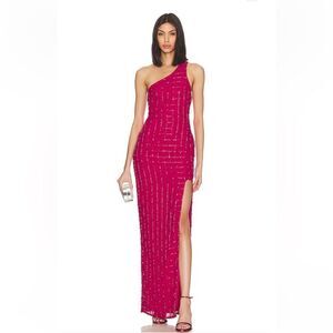 Khanums X Revolve One Shoulder Gown Ruby pink rhinestone maxi dress NWT M